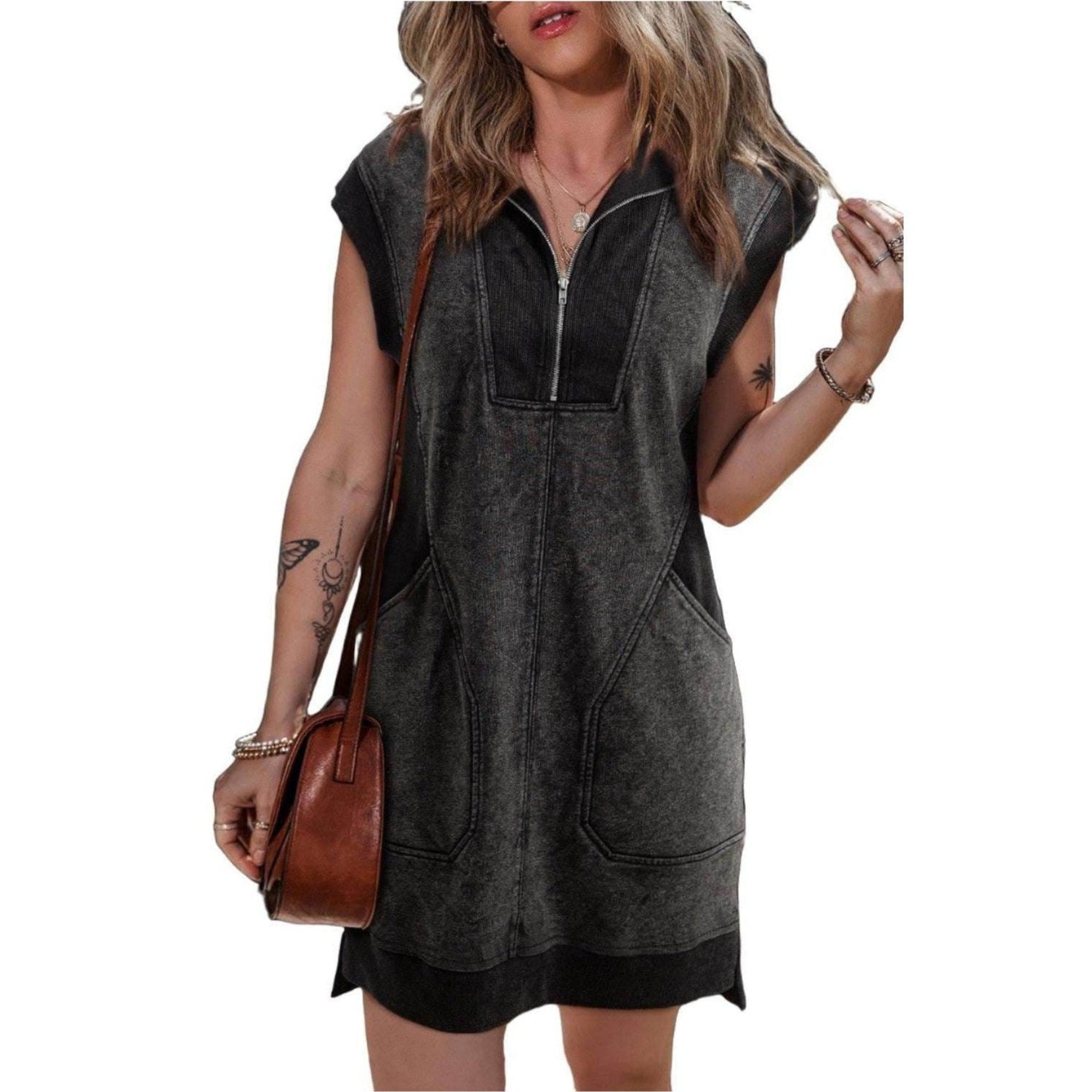 Half Zip Cap Sleeve Mini Dress - VacationGrabs