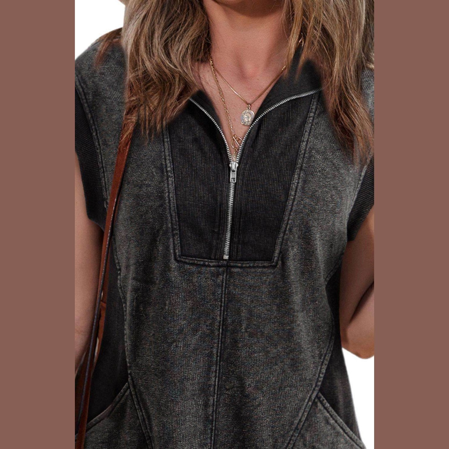 Half Zip Cap Sleeve Mini Dress - VacationGrabs
