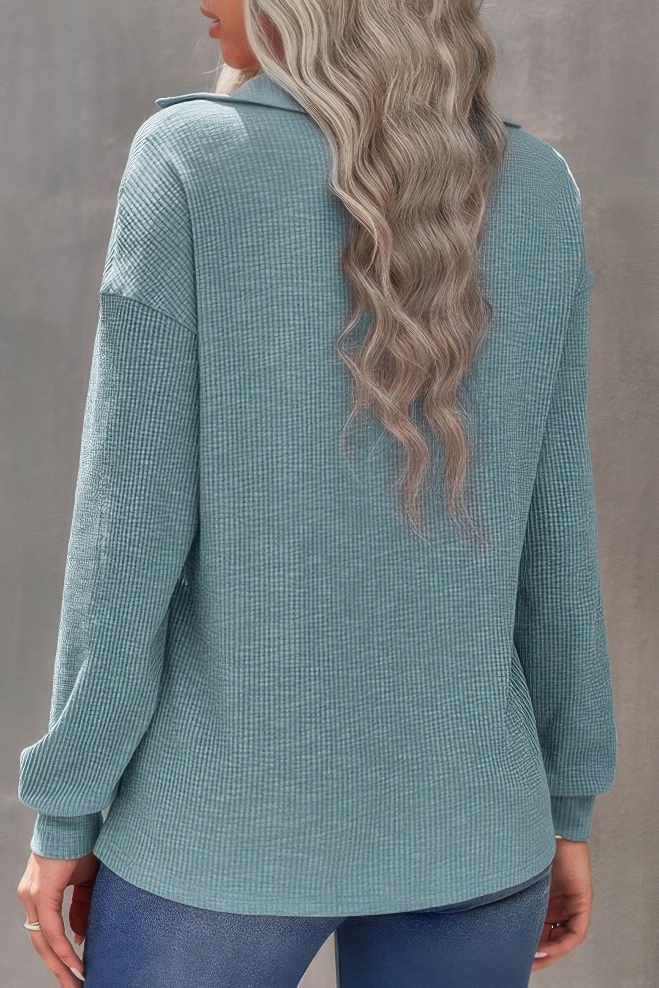 VacationGrabs women's half zip knit top in blue with long sleeves and stylish design