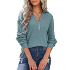 VacationGrabs Women's Half Zip Knit Top in Teal with Long Sleeves and Relaxed Fit