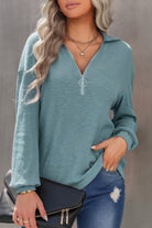 VacationGrabs women's half zip knit top in teal, featuring a relaxed fit and stylish collar