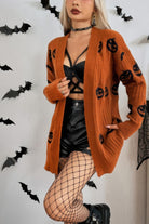 Cozy Halloween cardigan for women in orange with black pumpkin patterns, perfect for festive outfits