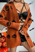 Halloween cardigan for women in orange with black pumpkin patterns, perfect for spooky season outfits