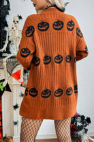 Halloween cardigan for women in orange with pumpkin designs, perfect for festive layering