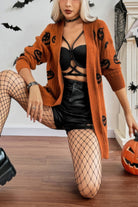 Halloween cardigan for women in orange with pumpkin designs, perfect for festive outfits