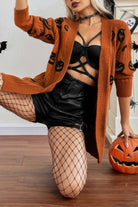 Halloween cardigan for women in orange featuring black skull designs, perfect for festive outfits