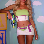 Women's colorful Halloween costume featuring a crop top and mini skirt