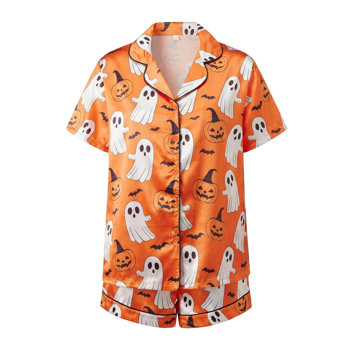 Halloween pajamas in orange satin with ghost and pumpkin pattern