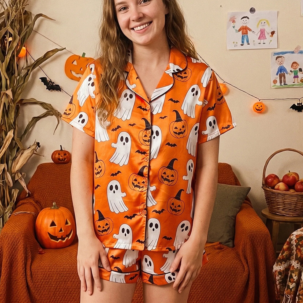 Halloween pajamas in orange with ghost and pumpkin print for festive comfort