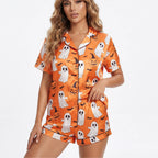Women's orange Halloween pajamas with ghost and pumpkin print