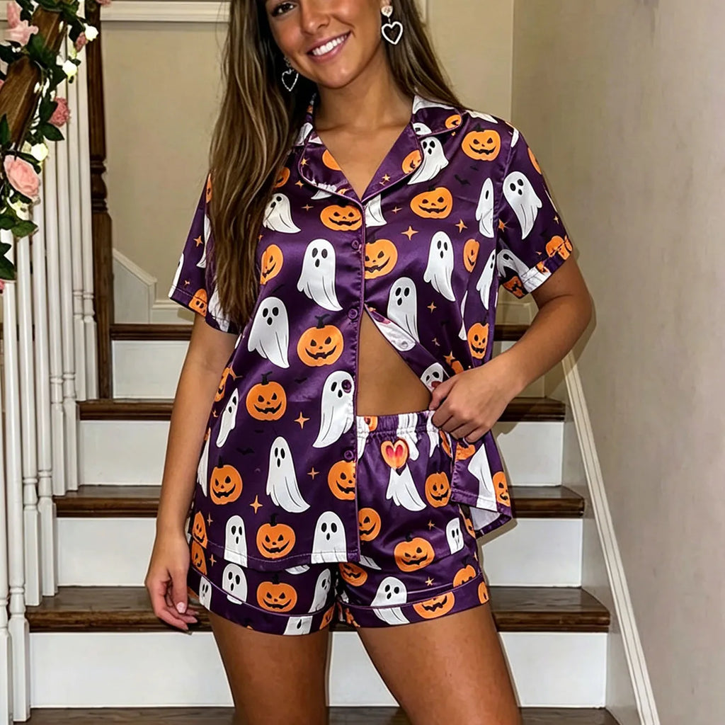 Women's purple halloween pajamas with ghost and pumpkin print for spooky celebrations