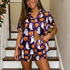 Women's purple halloween pajamas with ghost and pumpkin print for spooky celebrations