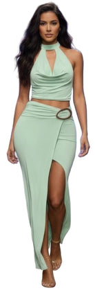 Women's mint halter cowl neck skirt set for clubwear outings