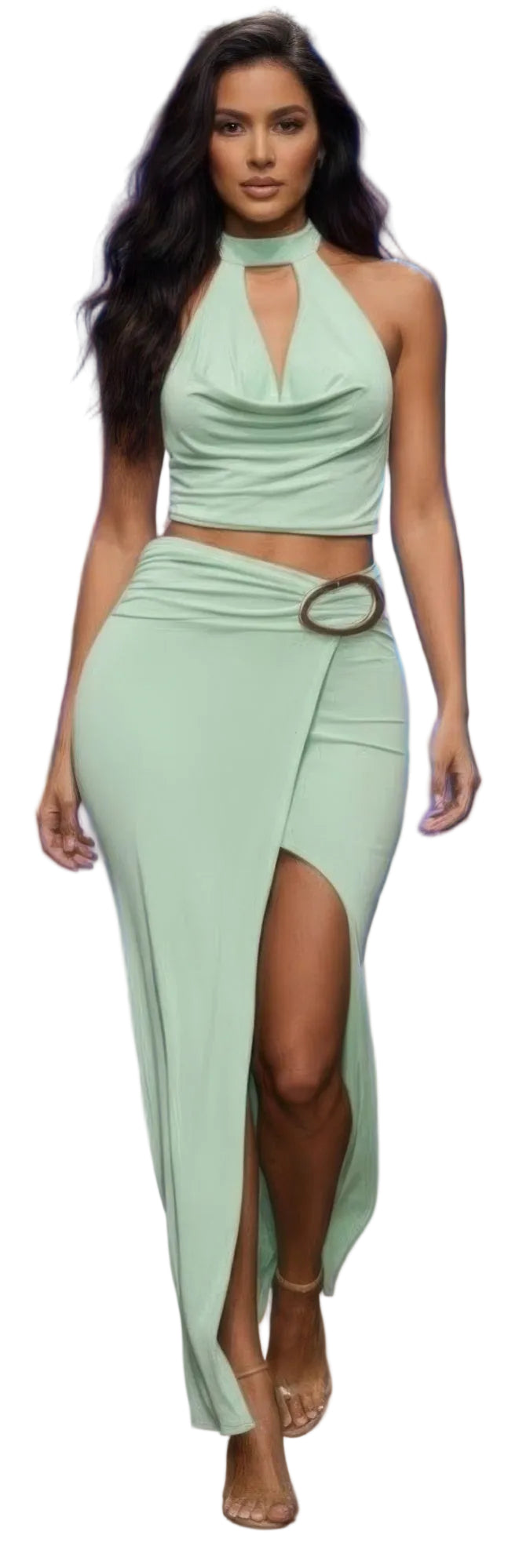 Women's mint halter cowl neck skirt set for clubwear outings