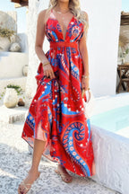 Red halter dress with vibrant paisley pattern, perfect for summer outings