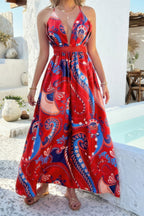 Red paisley halter dress, lightweight fabric, perfect for summer outings