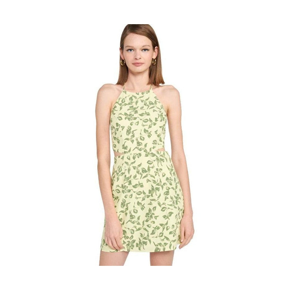 Emory Park halter neck floral mini dress in yellow with green leaf patterns and cut-out details