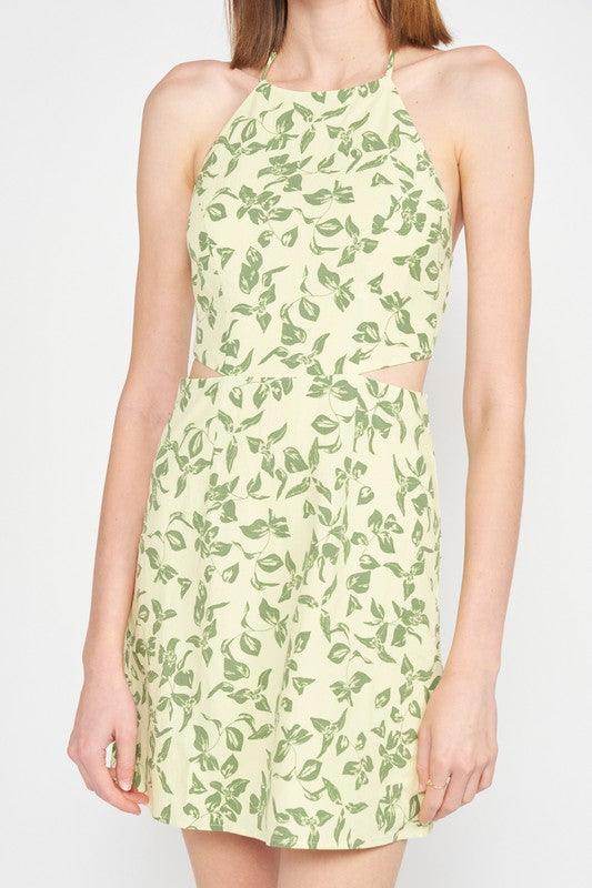 Emory Park halter neck floral mini dress in green and cream with a stylish cutout design