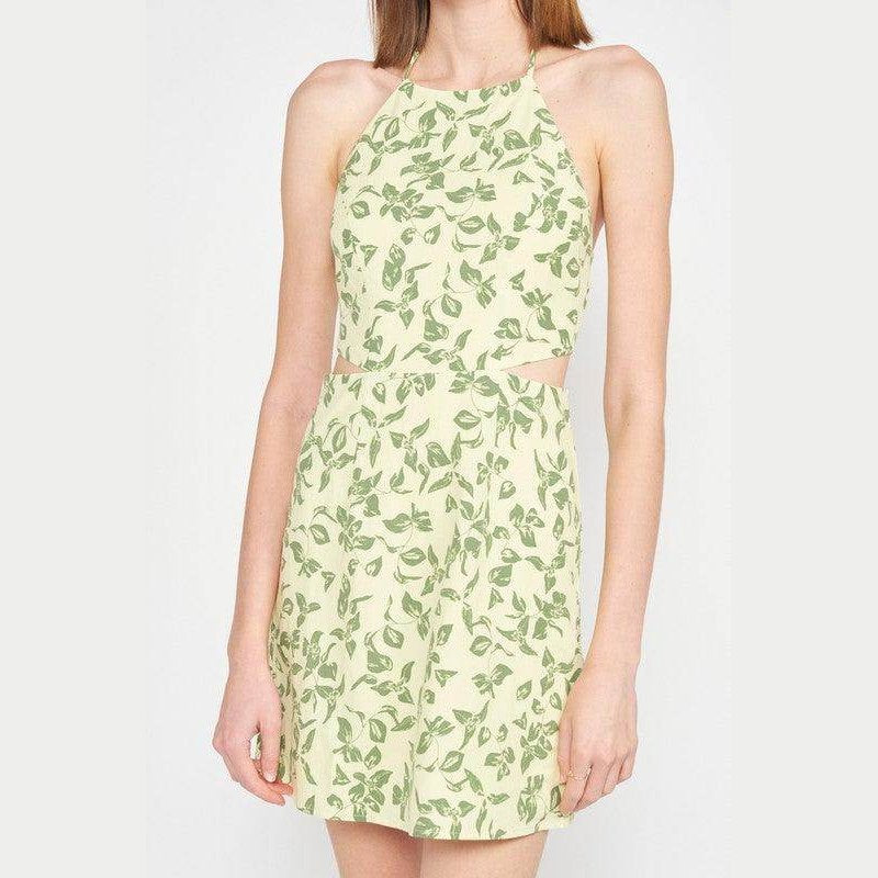Emory Park halter neck floral mini dress in green and cream with a stylish cutout design