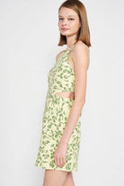 Emory Park Halter Neck Floral Mini Dress in Light Green with Leafy Print and Cut-Out Details