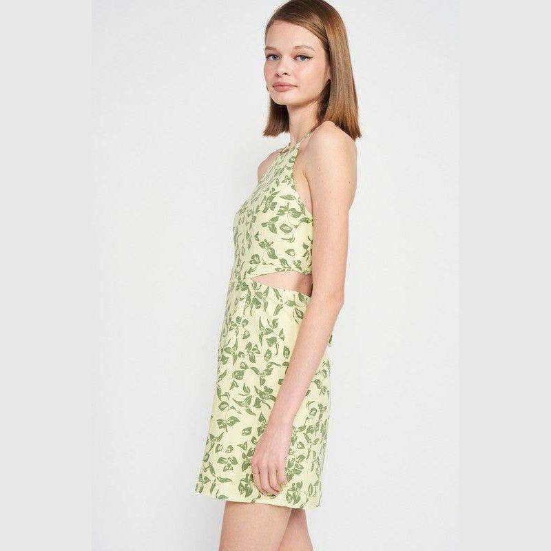 Emory Park Halter Neck Floral Mini Dress in Light Green with Leafy Print and Cut-Out Details