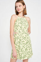Emory Park halter neck floral mini dress in yellow with green leaf patterns perfect for summer outings
