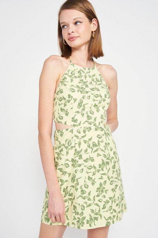 Emory Park halter neck floral mini dress in yellow with green leaf patterns perfect for summer outings