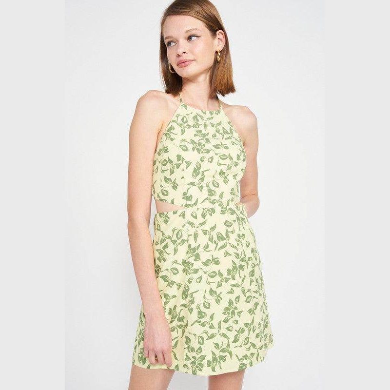Emory Park halter neck floral mini dress in yellow with green leaf patterns perfect for summer outings