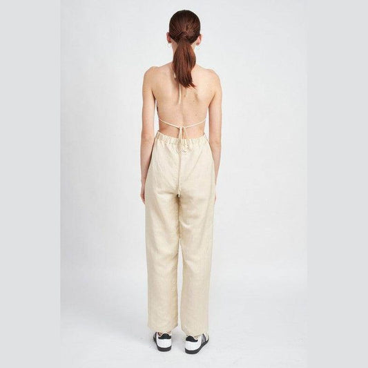 Emory Park halter neck jumpsuit open back with a relaxed fit and elastic waist for stylish comfort