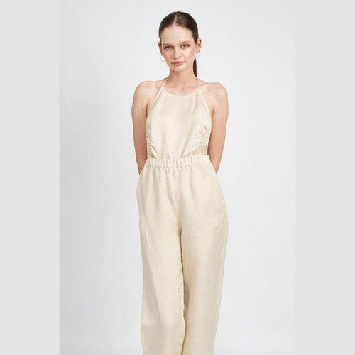Emory Park halter neck jumpsuit open back in beige with a relaxed fit and elastic waistband