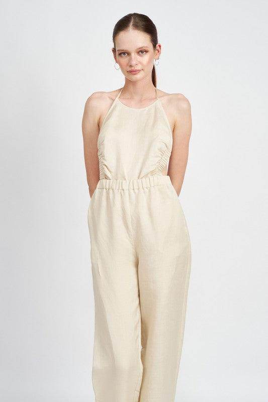Emory Park halter neck jumpsuit open back in beige with a relaxed fit and elastic waistband