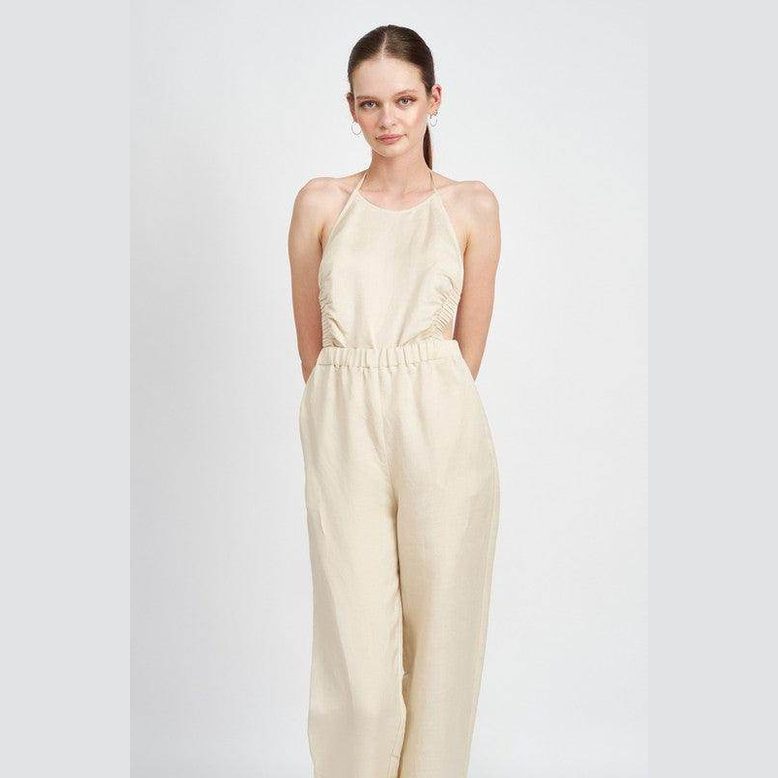 Emory Park halter neck jumpsuit open back in beige with a relaxed fit and elastic waistband