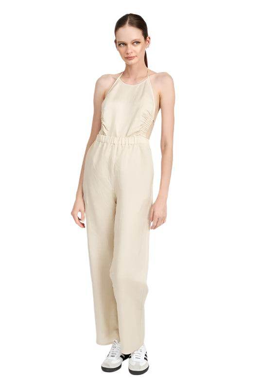 Emory Park Halter Neck Jumpsuit Open Back in Beige with Relaxed Fit and Wide Legs