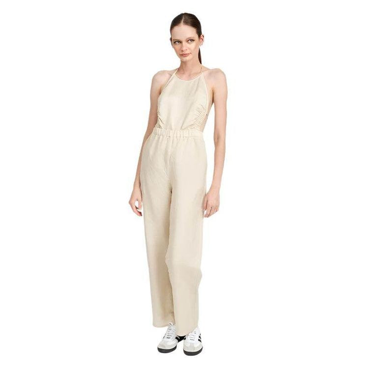 Emory Park Halter Neck Jumpsuit Open Back in Beige with Relaxed Fit and Wide Legs