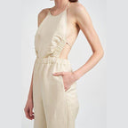 Emory Park halter neck jumpsuit open back in beige with side ruching and pockets for a stylish look