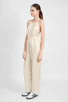 Emory Park halter neck jumpsuit open back in beige with a stylish and comfortable fit