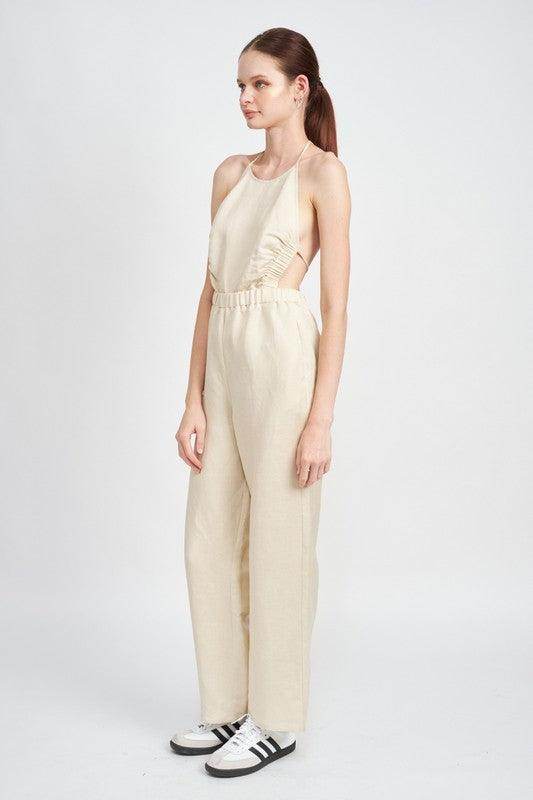 Emory Park halter neck jumpsuit open back in beige with a stylish and comfortable fit