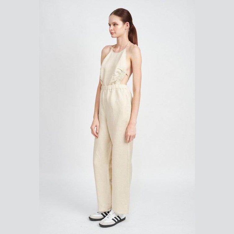 Emory Park halter neck jumpsuit open back in beige with a stylish and comfortable fit