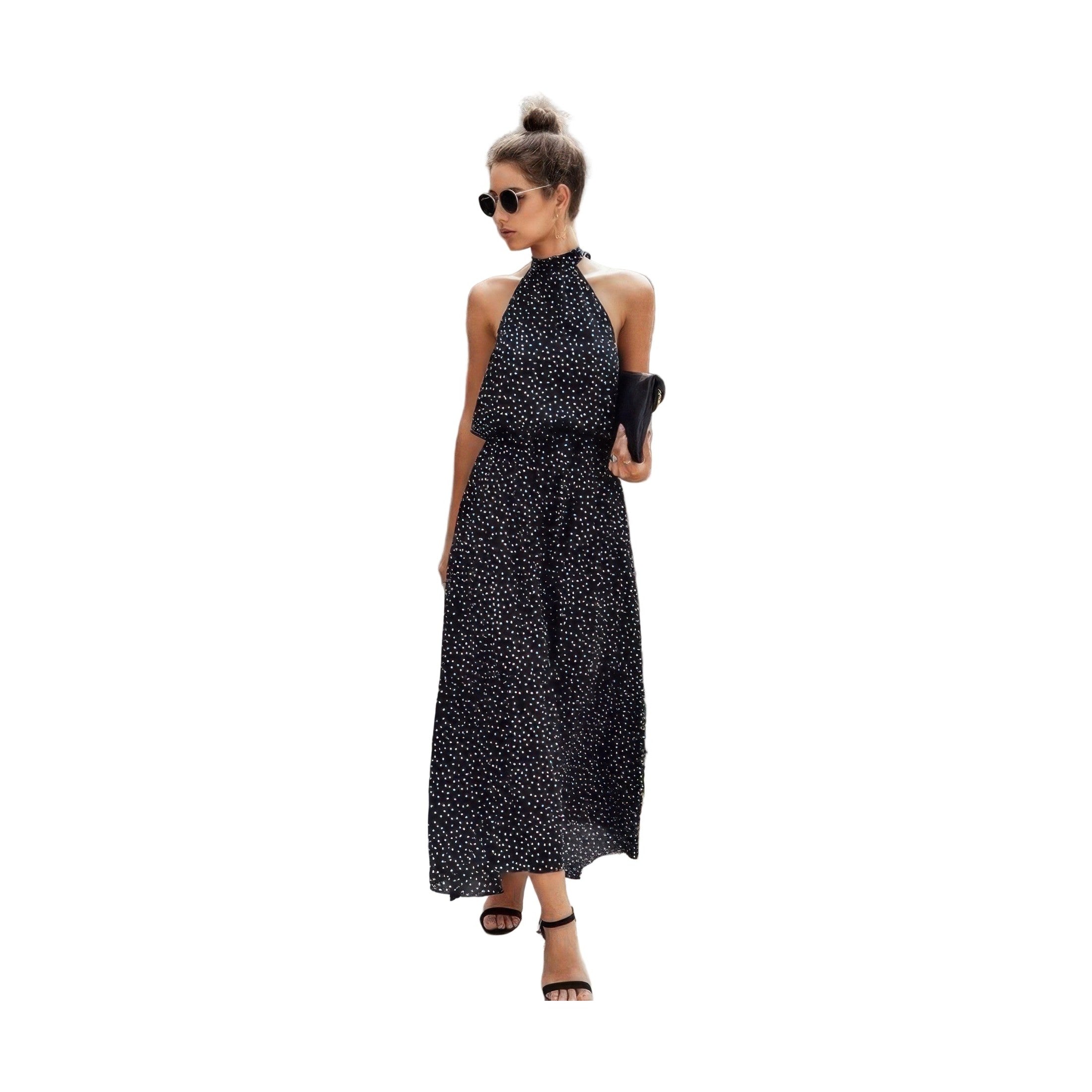 Stylish Women's halter neck polka dot dress in black with elegant design for summer outings