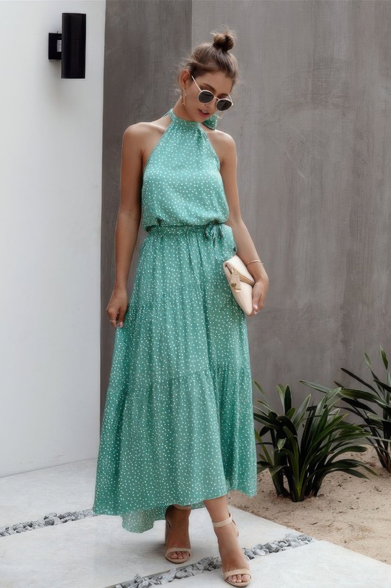 VacationsGrabs Halter Neck Polka Dot Dress in Green with Tiered Skirt and Adjustable Neckline
