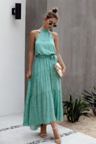 VacationsGrabs Halter Neck Polka Dot Dress in Green with Tiered Skirt and Adjustable Neckline