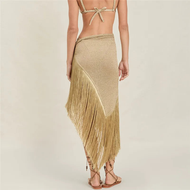 Women's gold halter-top with fringe for beach or poolwear