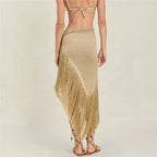 Women's gold halter-top with fringe for beach or poolwear
