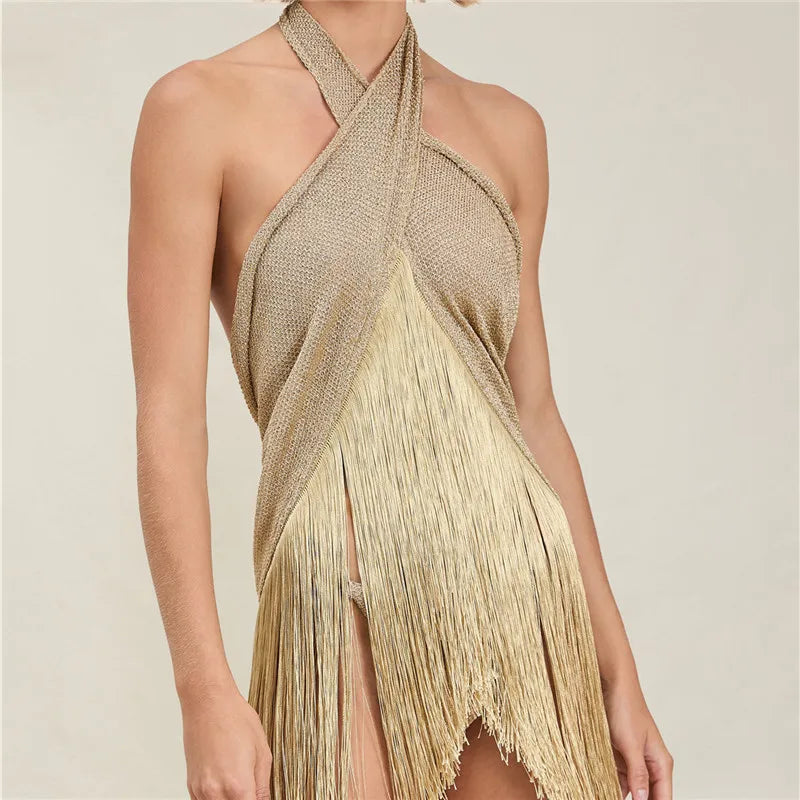 Women's gold halter-top with fringe for beach outings