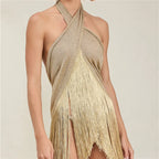 Women's gold halter-top with fringe for beach outings