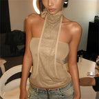 Beige halter-top in breathable mesh for stylish summer wear