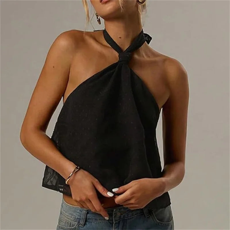 Women's black halter-top, lightweight fabric for casual outings