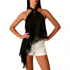 Women's black halter-top with lace trim, perfect for summer outings