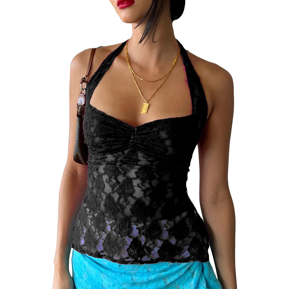 Women's black lace halter-top for stylish summer outings