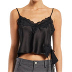 Women's black satin halter-top with lace trim, stylish for casual outings